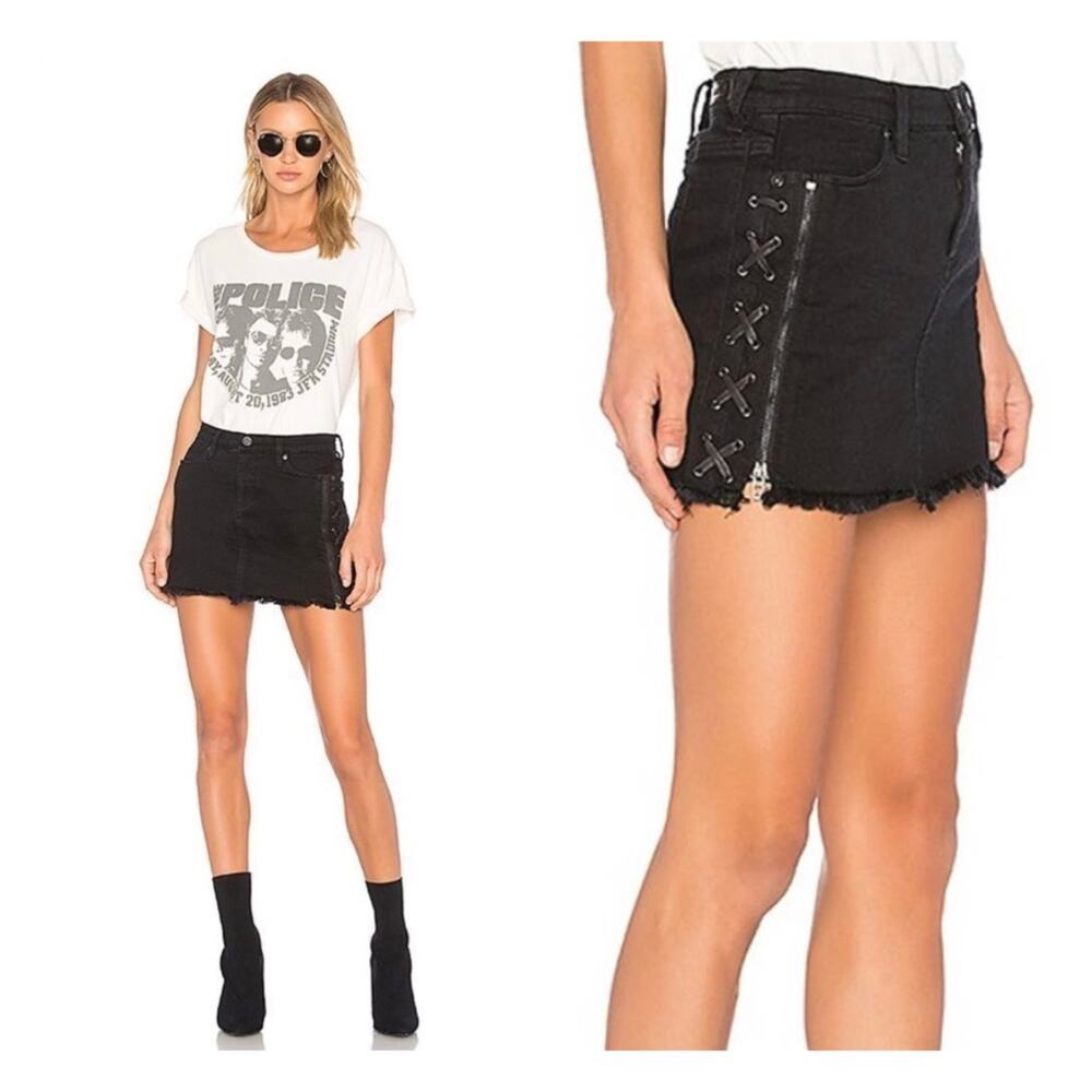 NWT BlankNYC Lace Up Zip Side Denim Skirt Size 31 Black Jean Frayed Hem Grunge